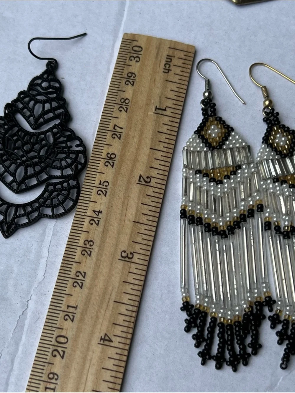 Handmade Beaded Fringe Earrings - White, Black & Gold